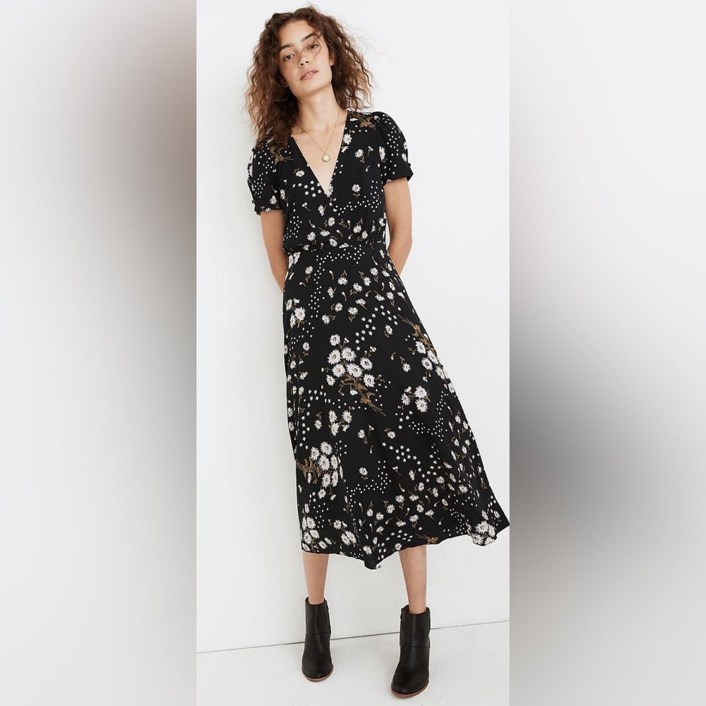 Madewell Puff-Sleeve Wrap-Front Midi Dress in Polka Daisies